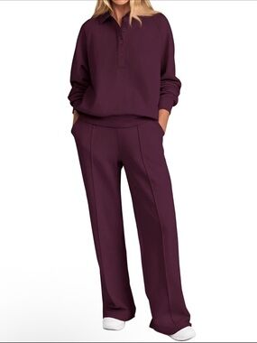 PRETTYGARDEN Women 2Piece Outfit Sweatsuits Quarter Button Long Sleeve Dark Red